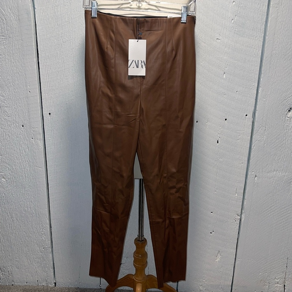 NWT ZARA Brown/tan Vegan Leather Pants Size Large